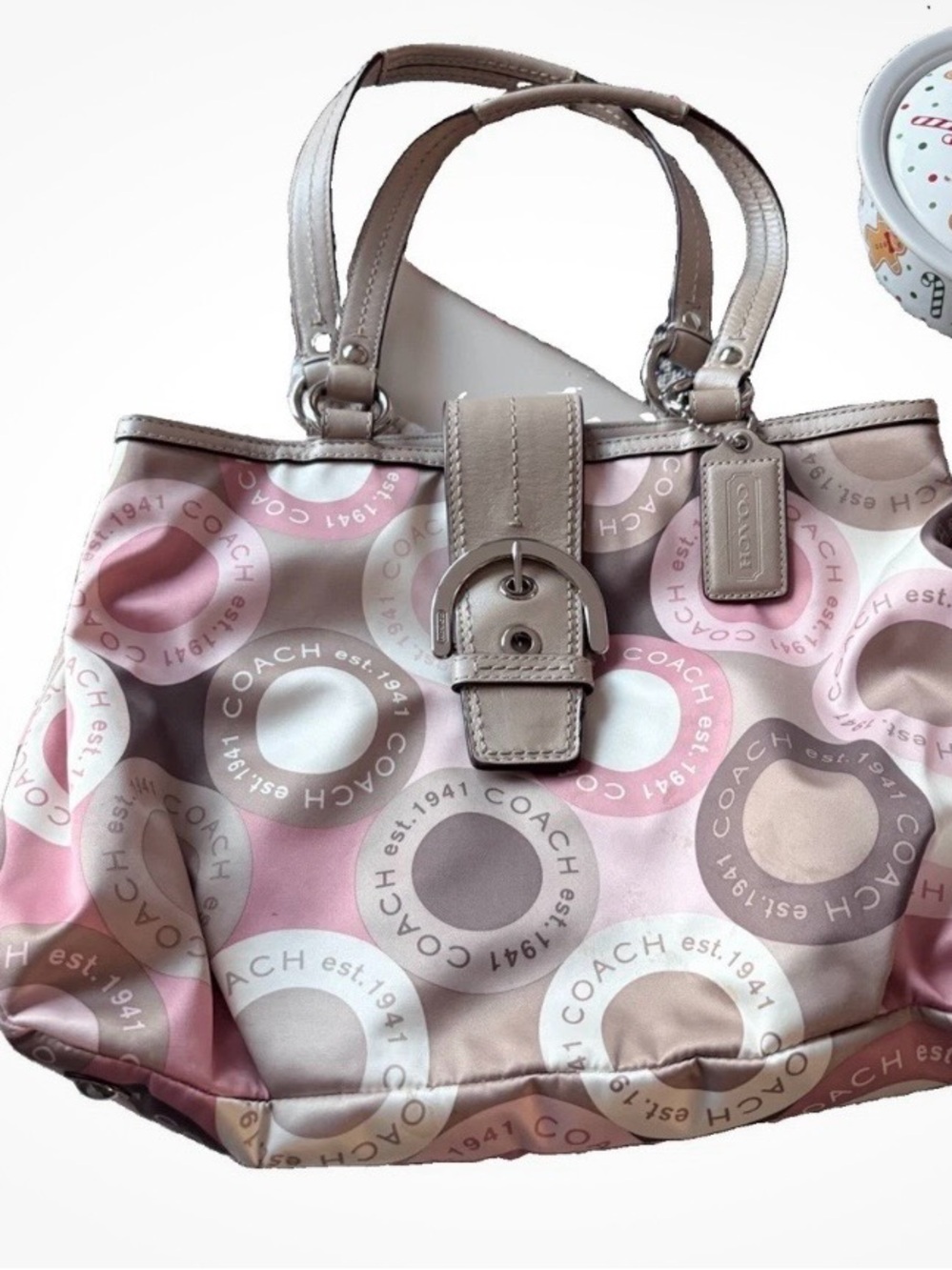 Coach Pink, Taupe & White Circle-Print Shoulder Tote